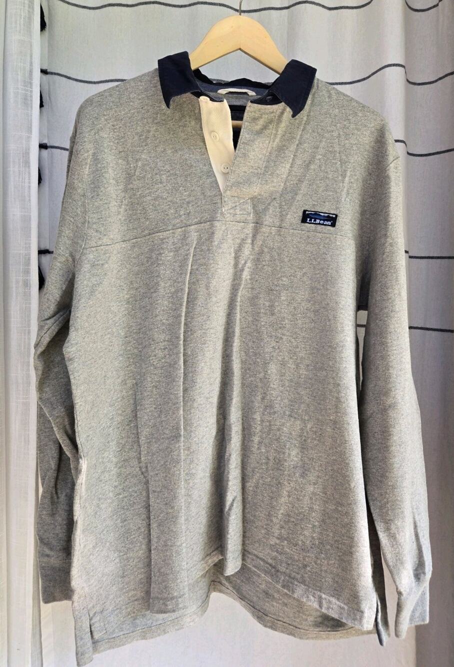 L.L.Bean Men’s Large Gray Rugby Polo Shirt Long Sleeve Navy Collar 100% Cotton
